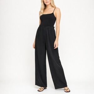 Fu Da Fine Silk Pants Black Wide Leg Elastic Waist Luxe Flowy Relaxed Fit SZ Med